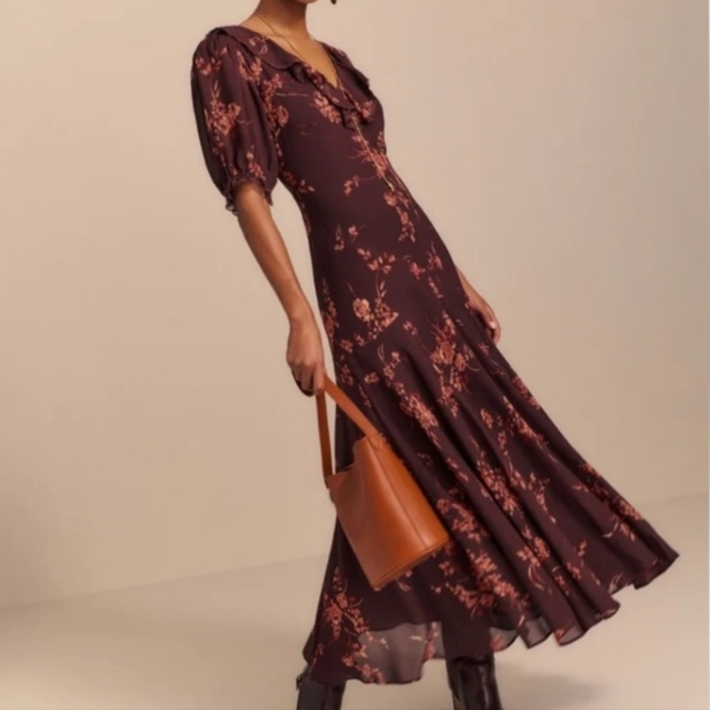 Reformation Evra Lace Trim Georgette Midi Dress Brown Floral Women's 8 NWT